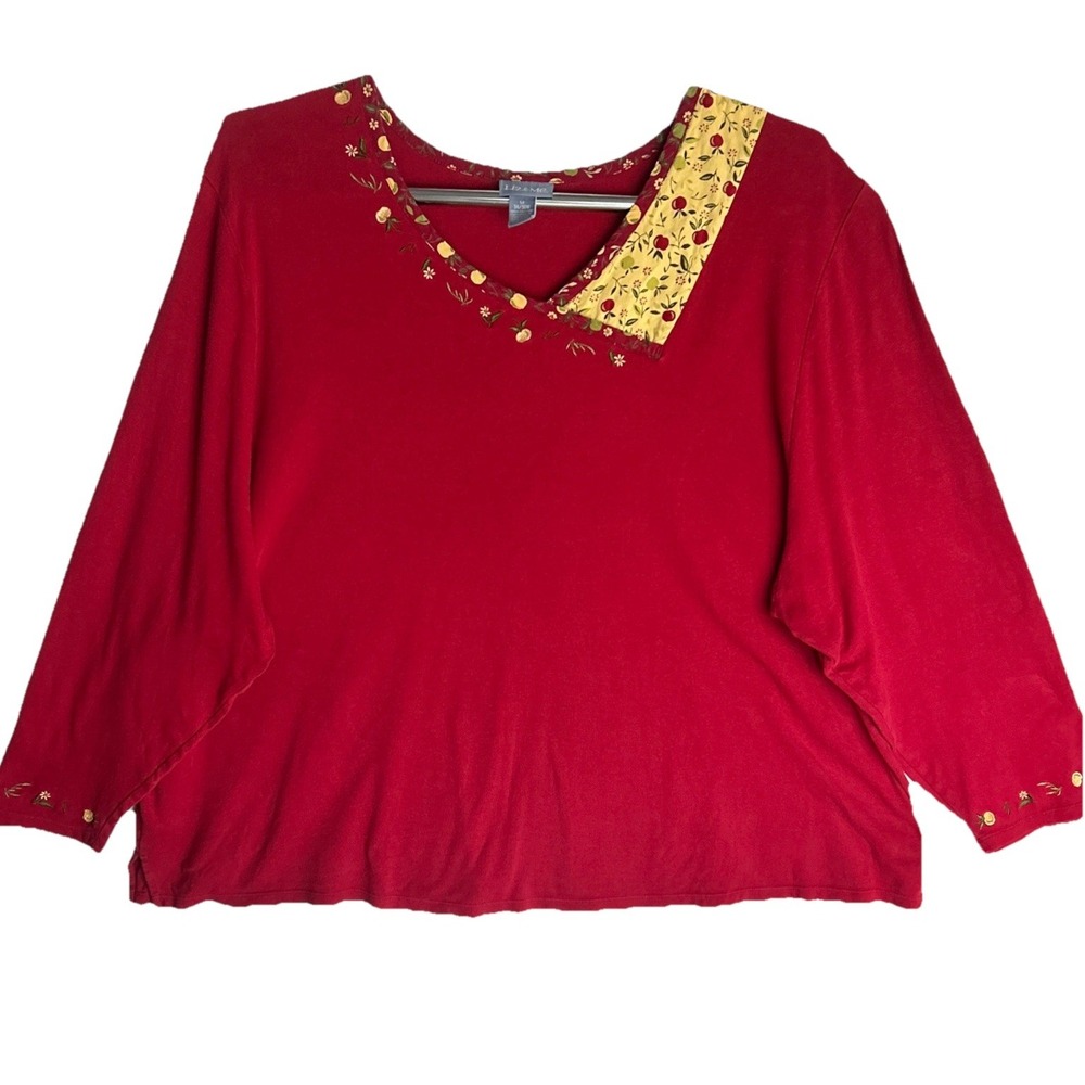 VTG Liz & Me Apple Embroidered Top Womens 5X 34W 36W Plus Red Autumn Blouse